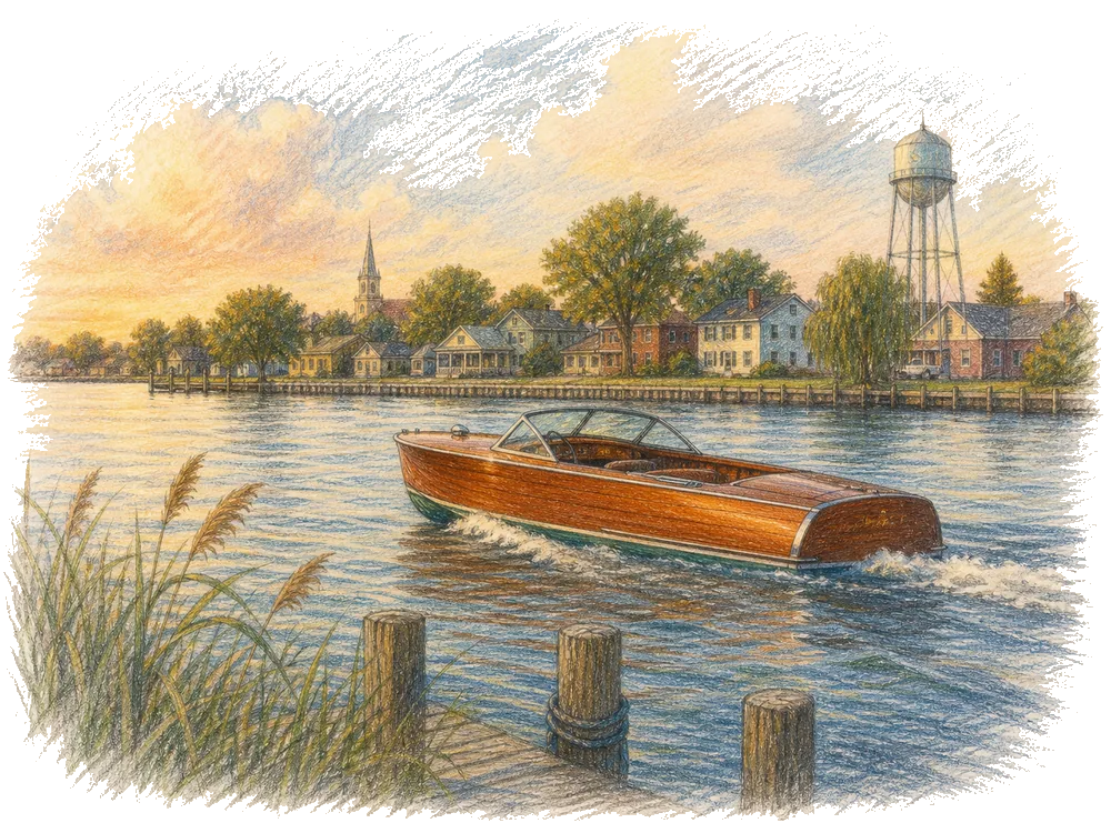 Hand-drawn colored-pencil scene of Algonac, Michigan