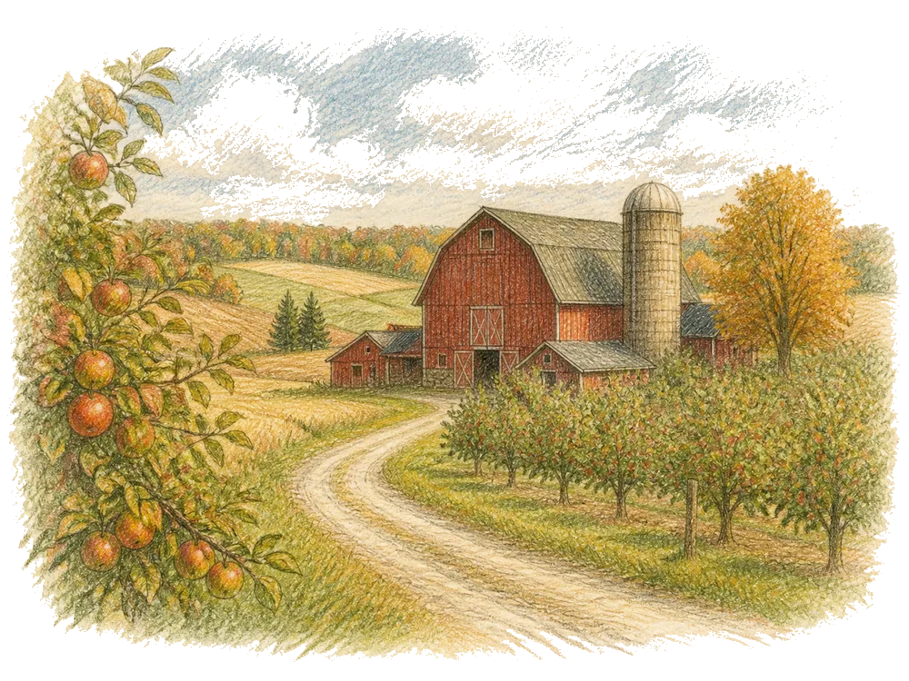 Hand-drawn colored-pencil scene of Bruce Township, Michigan