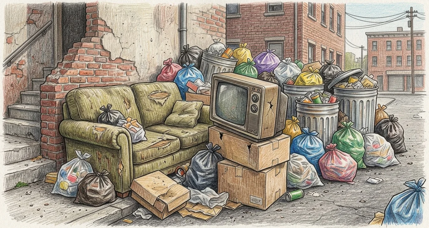 Colored-pencil alley scene of a discarded couch, an old TV, and overflowing trash cans and bags awaiting junk removal