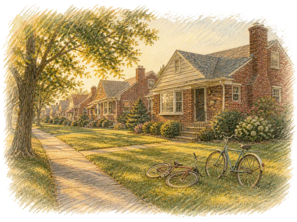 Hand-drawn colored-pencil scene of Eastpointe, Michigan