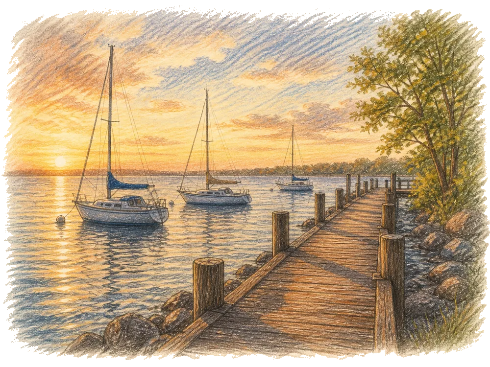 Hand-drawn colored-pencil scene of New Baltimore, Michigan