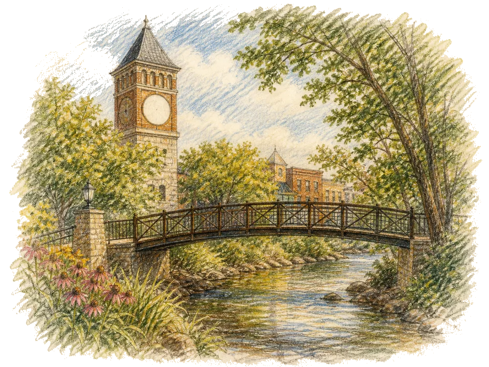 Hand-drawn colored-pencil scene of Rochester, Michigan