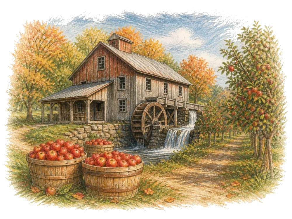 Hand-drawn colored-pencil scene of Romeo, Michigan