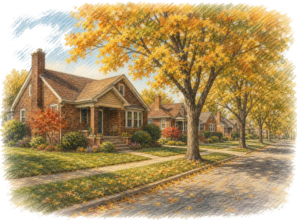Hand-drawn colored-pencil scene of Roseville, Michigan