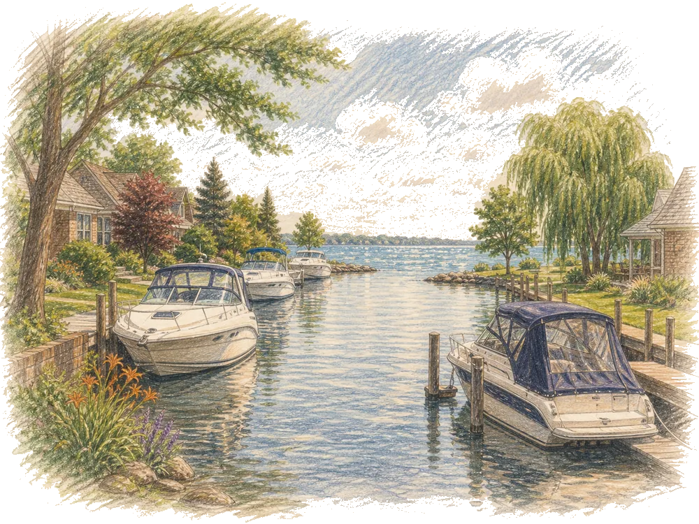 Hand-drawn colored-pencil scene of St. Clair Shores, Michigan