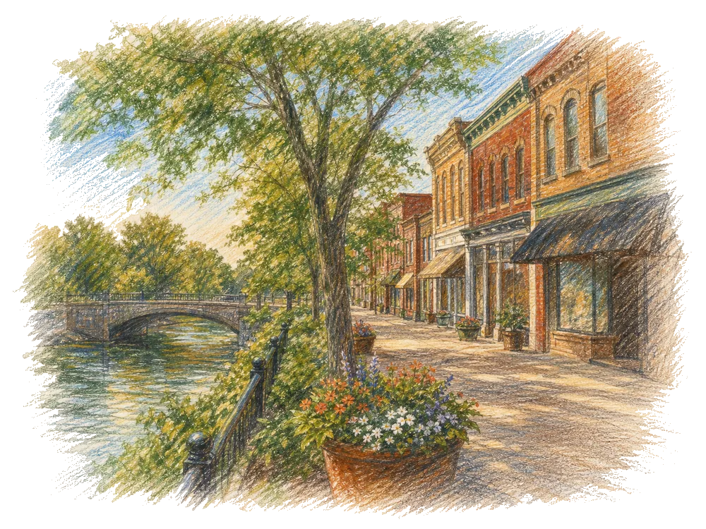 Hand-drawn colored-pencil scene of Utica, Michigan