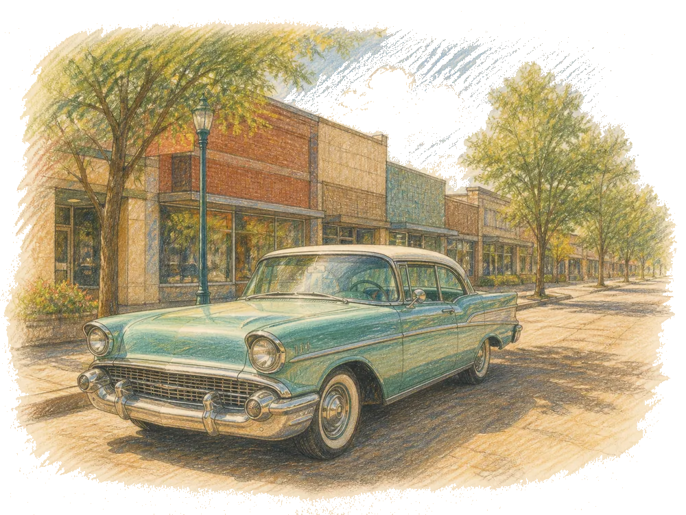 Hand-drawn colored-pencil scene of Warren, Michigan