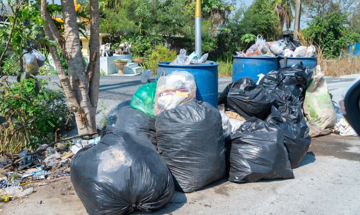 Bagged household junk and outdoor debris staged for local hauling service